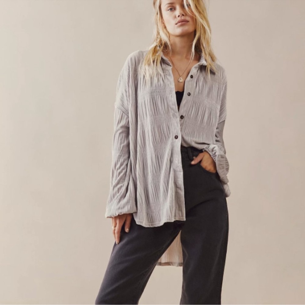Free People Best My Top Velvet Button Up High Low Oversized Silver Extra Small